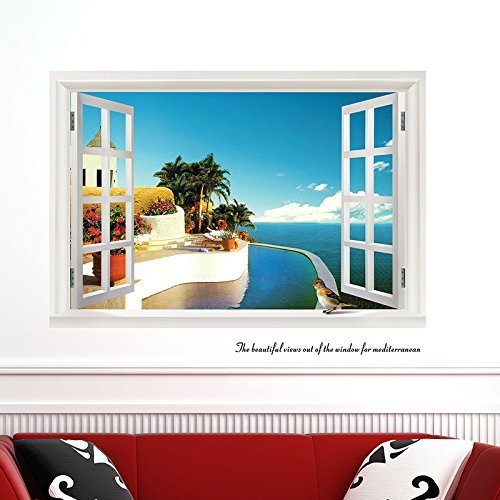 Sucis 3D Window Beach Scenery Removable Wall Art Sticker Decal Home Kid Room Decor by Sucis