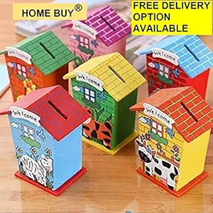 home buy Piggy Bank for Kids Wood House Animal Designs, Educational Learning Toys Multi Color Perfect Return Gift for Kids Birthday Party (Pack of 6)