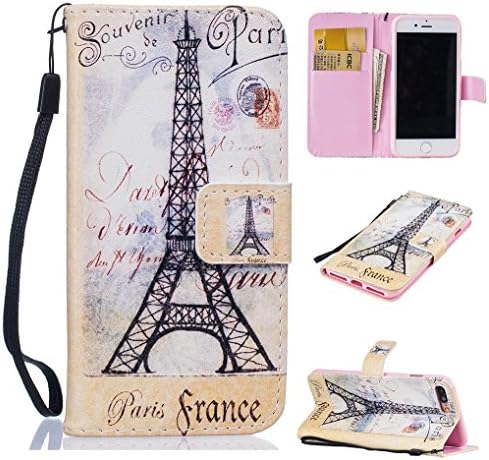 Yidaxing iPhone 7 PLUS Wallet Case, Premium PU Leather Flip Cover Colorful Pattern Design Shockproof Case with Hand Strap and Card Holder for iPhone 7 PLUS, Eiffel Tower