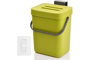 FESSOSKO Kleiner Komposteimer für die Küche Biomülleimer aus Kunststoff 3L, Lebensmittelabfalleimer Hängender Kleiner Mülleimer für Arbeitsplatte mit Henkel & Deckel, 6.2 * 5.1 * 8cm (Grün)