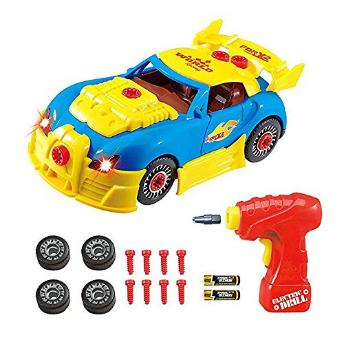 Vansoon desarmar Coche de Carreras de Juguete,Kit de construcción de Juguetes para niños,30 Piezas Desmontables con Sonidos y Luces realistas de Taladro eléctrico Regalo para niños de 3 años