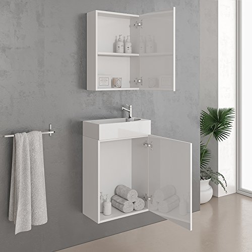 Badmöbel Set 45cm Weiß Hochglanz – MDF Waschtisch + Waschbecken + Spiegelschrank - 3
