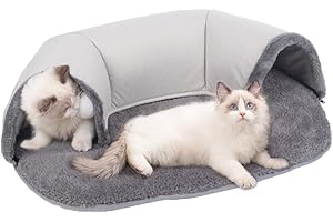 Jodimitty Cat Tunnel Bed 2-in-1 Grey Plush Cat Tunnels for Indoor Cats, Cat Play Mat with Hanging Ball Toy, Pet Tunnel Gift for Cat Bunny (76x53x17cm)