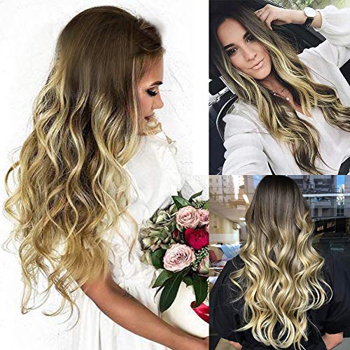 7 star Peluca Sintética, Pelo Sintético Largo Natural de la Onda de la Parte Media Rizada de Ombre de la Raíz Oscura, Peluca Resistente a todo Calor Rubia para las Mujeres, 27.5 pulgadas