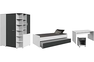 lifestyle4living Jugendzimmer in strahlendem weiß mit Absetzungen in Graphit, 5-teiliges Komplettset mit begehbarem Eckkleiderschrank, Kinderzimmer