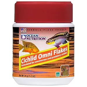 Ocean Nutrition Cichlid Omni Flakes Garlic Fish Food for Carnivore & Omnivore Cichlids 34g