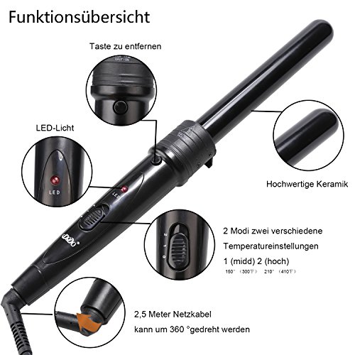ACEVIVI 3-in-1 Lockenstab Curler mit Keramikbeschichtung Haarbürste 3 Aufsätzen (kegelförmiger Lockenstab, Glättungbürste Zylindrische Lockenwickler) Wiederaufladbar EU Stecker Schwarz, 9mm-25mm - 4