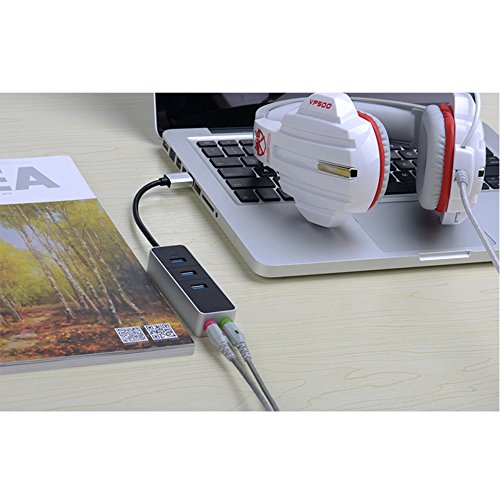 EUGO USB 3.0 Hub – 3-Port USB 3.0 Hub Externen USB Soundkarte mit Audio und Mic Stereo Audio Sound Adapter (3.5mm Jack) für iMac, MacBook Air, MacBook Pro, MacBook, Mac Mini, PCs und Laptops – 0.15m - 7