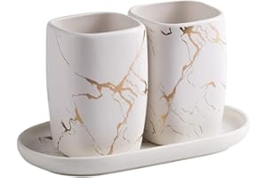 FülleMore Keramik Zahnputzbecher Set luxuriös Marmor Optik 3-teiliges Badezimmer Zubehörset 2er Zahnputzbecher mit Tablett Badzubehör Set (Weiß)
