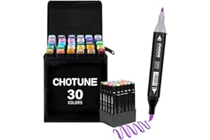 CHOTUNE Rotulador de 30 Colores, Marcadores Permanente, Rotuladores de Punta Pincel, Mezcla Fácil para Esbozo e Ilustración con Bolso y Base Negros