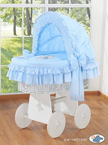 TEDDY BEAR WHITE WICKER CRIB MOSES BASKET BASSINET WITH HOOD SOLID WHITE WOOD BASE AND BLUE BEDDING