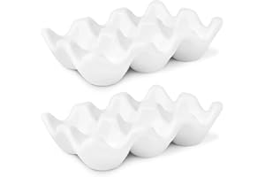 Flexzion Caja de huevos de porcelana – Bandeja de cerámica para huevos con capacidad para 6 huevos, soporte para media docena de huevos para nevera, exhibición de encimera, plato decorativo blanco y