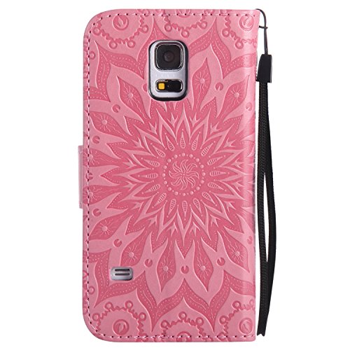 Lonchee Samsung Galaxy S5Mini G800 SM-G800 Leder Wallet Tasche Brieftasche Schutzhülle , Sonnenblumen geprägten Muster Design Hochwertige PU Leder Folio Tasche Case Hülle im Bookstyle mit Standfunktion Kredit Kartenfächer (rosa) - 2