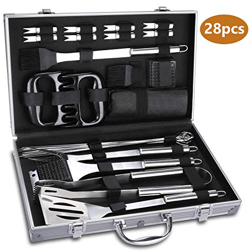 WisFox Grillbesteck, Edelstahl Grill Zubehör 28 Teiliges Barbecue Grill Zubehör Set BBQ Utensilien in…