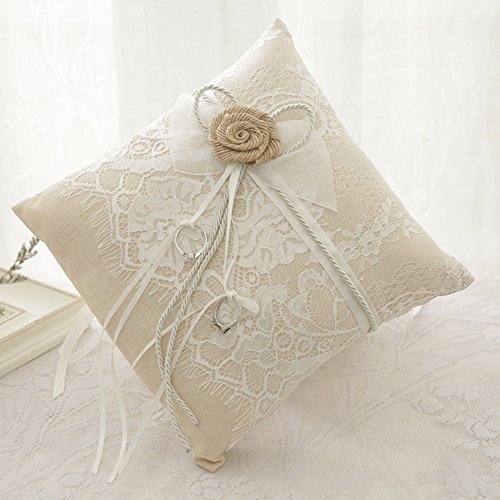 VClife® Ringkissen Hochzeit Vintage Ivory Braun Blumen Spitze Tüll Braut Bräutigam Ringe Dekoartikel Ehering Kissen 21 x 21cm - 2