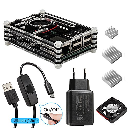 Para Raspberry Pi 3 Caja con Cargador de 5V / 2.5A + 3x Disipador + Ventilador + Cable Micro USB...