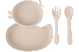 Qshare Talerz dla niemowląt, antypoślizgowy, z przyssawkami, dzielony, stabilny talerz dla niemowląt, talerz z łyżeczką, widelcem, nie zawiera BPA, nadaje się do mycia w zmywarce i używania w kuchence