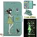 Produktbild LG K3 Luminous Leder Wallet Tasche Brieftasche Schutzhülle,Fanryn Schönes Mädchen und Katzen Muster Nacht Leuchtende Design Hochwertige PU Leder Flip Tasche Case Hülle im Bookstyle mit Standfunktion Kredit Kartenfächer für LG K3 (Grün)