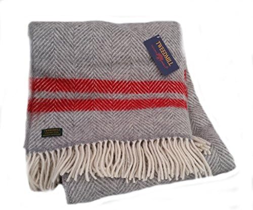 Herringbone 2 stripe pure new wool blanket throw rug - grey/red - BRITISH MADE