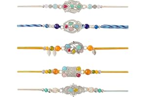 Eximious India Set of 5 Rakhi For Brother With Card Artificial Silver Pendant For Raksha Bandhan Designer Rakhi Thread for Bhaiya UKset52024