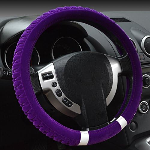 Hivel Winter Coral Fleece Hit Color Furry Plush Car Steering Wheel Cover Soft Warm Super Feeling Anti Slip Splicing Coral Velvet Vehicle Auto Steering Wheel Cover 38cm - Purple
