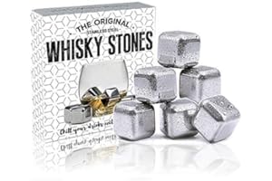 FLOW Barware Kostki Lodu Ze Stali Nierdzewnej, 6 Kamieni Do Whisky, Wina, Ginu i Toniku, Metalowe Kostki Z Żelem Szybkiego Chłodzenia