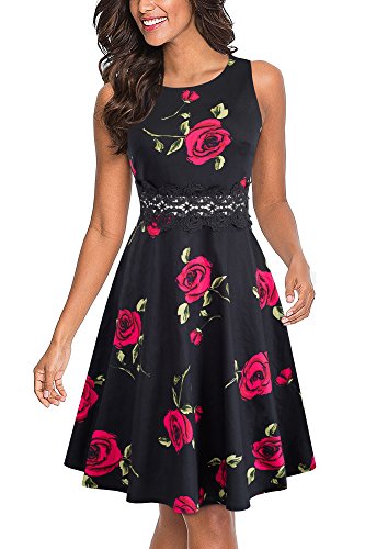 HOMEYEE Robe de Cocktail au Genou brodée Florale sans Manches à col Ras du Cou pour Femme UKA079(EU 44 = Size XXL,Noir + Floral)
