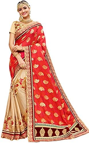 Simaaya Indian Ethnic Jacquard Silk &amp; Faux Chiffon Orange &amp; Beige Bridal &amp; Wedding Saree