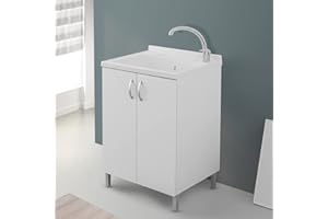 INBAGNO Mobile lavatoio lavanderia in legno con vasca in resina resistente agli acidi, completo di asse di lavaggio e kit sifone + piletta (Bianco, 60x50 cm 2 ante)