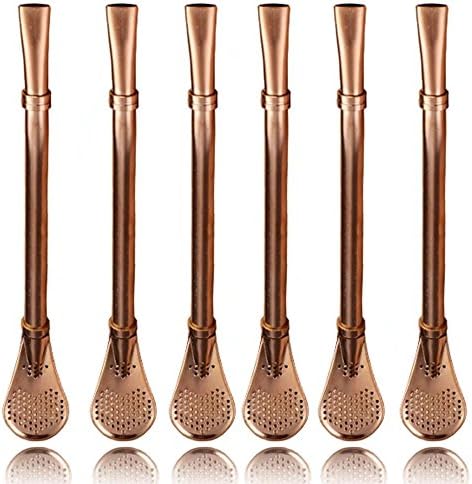 HiCchili Set of 6 pcs Smooth Flow 304 Stainless Steel Yerba Mate Tea Bombilla Straws Filtered Spoons Drinking Straw Tea Spoon, Coffe Spoon, Spoon Long Handlle 15.5cm/6.1 inchs, Rosegold