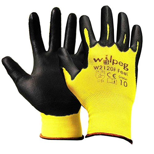 Arbeitshandschuhe ::: Wilpeg W2120F Nylon-Strickhandschuhe PU Feel zum Schutz bei Installations- und Montagearbeiten, Größe:9 (L)