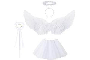 Topzora Weiß Engel Kostüm Damen, Engelsflügel mit Tütü Rock, Heiligenschein und Zauberstab für Halloween, Mottoparty, Karneval, Kostümparty