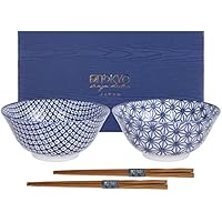 Tokyo Design Studio, Nippon Blue, Juego con 2 cuencos y 2 palillos, 4 piezas, diámetro 15.2 cm, porcelana de Japón