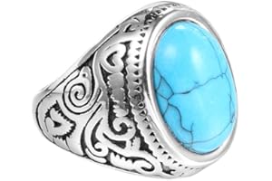 PAURO Mens Stainless Steel Personalized Retro Oval Agate Gemstone Rings Punk Biker Ring