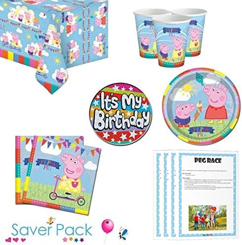 Peppa Pig Complete Children's Birthday Party Tableware Pack For 8, 16, 24 or 32 Guests - Includes Plates, Cups, Napkins, Tablecover, Badge And Downloadable Games (16 Guest)