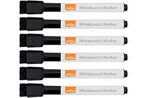Nobo Set da 6 Mini Pennarelli per Lavagna a Punta Fine da 2 mm, Cappuccio con Gomma Magnetica Integrata, Cancellabili a Secco, Basso Odore, Nero