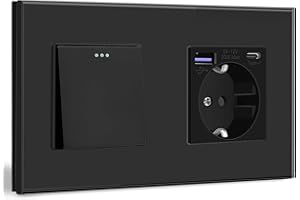 BSEED Interruptor de Pared con Enchufe USB C 20W,1 Gang 1 Vía Interruptor Pared+Schuko Enchufe con Cargador Rápido USB Tipo C,Negro Enchufe Integrado Adecuado,10A Interruptor de Luz