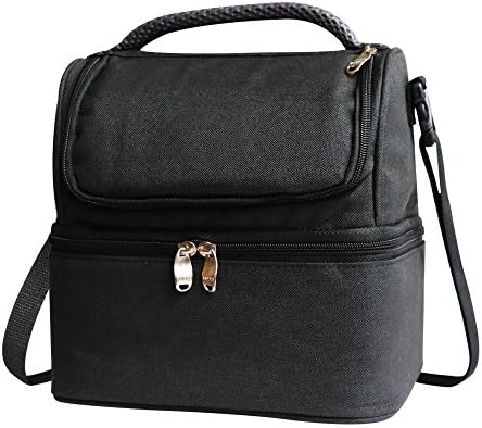 Insulated Cotton Lunch Bag, Dual Compartment Waterproof Large Capacity Cooler Tote, Breakfast/Tiffin/Dinner Zipper Thermal/Warm/Heated Bag with Handle and Detachable Strap,For Man or Woman (7L, Black)
