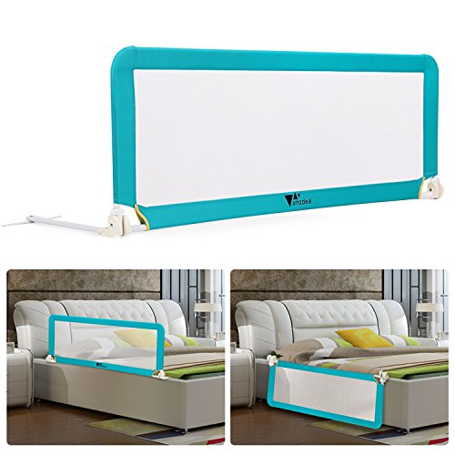 Amzdeal Barrière de Lit Portable pour bébé enfant, Barrière de sécurité Lavable en Nylon + Plastique 150 * 50 * 40cm (Bleu)