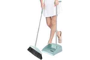 KIXOLAZR Ensemble Balai et Pelle à poussière à Long Manche et Brosse, Pelle à poussière Domestique avec Double grattoir, Dents Verticales et légères, Combo de Nettoyage pour la Maison, la Cuisine, Les Bureaux