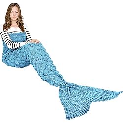 Hecho a mano de punto manta de cola de sirena todas las estaciones cálido sofá cama sala de estar manta para adultos, Patrón de Fish-escalas, Azúl, 195 x 90cm