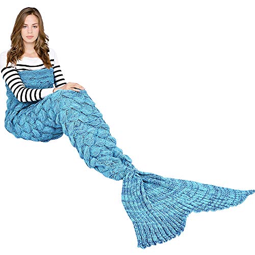 Hecho a mano de punto manta de cola de sirena todas las estaciones cálido sofá cama sala de estar manta para adultos, Patrón de Fish-escalas, Azúl, 195 x 90cm