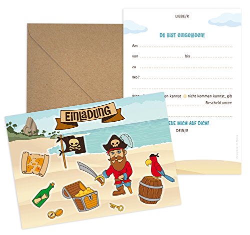 + STICKER: 8er Set „Pirat“ – 8 Einladungskarten, 8 Umschläge & 8 Stickerbögen mit Aufklebern – Schatzkarte Schatzsuche Piratenparty Kindergeburtstag – Geburtstagseinladungen zum Bekleben, Individualisieren, Basteln für Kinder, Mädchen, Jungen - 6