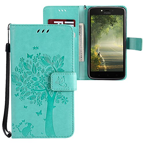 Motorola Moto C Plus HÃ¼lle, CLM-Tech Tasche aus Kunstleder Wallet Case - SchutzhÃ¼lle [Standfunktion] [Magnetverschluss] [KartenfÃ¤cher] [Handschlaufe] Flip Cover - Bookstyle Handy Flipcase Baum Katze Schmetterlinge grÃ¼n, PU Leder-Tasche fÃ¼r Motorola Moto C Plus LederhÃ¼lle