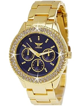 Ny London Damen-Uhr Strass Analog Quarz Armband-Uhr in Gold Blau Chronograph Optik Uhr