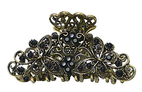 Metal Crystal Jaw Clip with Butterflies Design in Antique Gold Tone Plating RW86410-6132jet