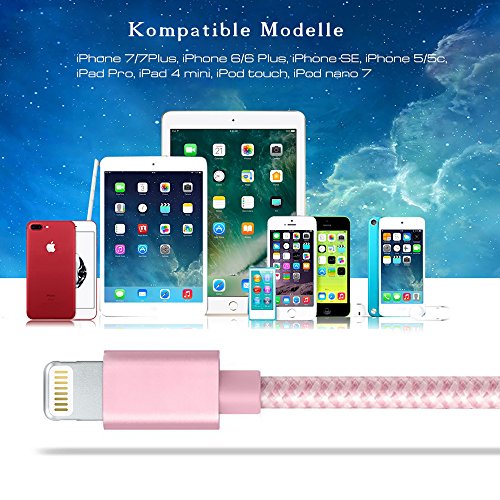 TheSmartGuard – Lightning Kabel / Datenkabel / Ladekabel [2.1 A] für Apple iPhone 7, 7 Plus, 6, 6s, 6 Plus, 6s Plus, SE, 5s, 5, 5C sowie alle iPad mit Lightning Anschluss | Nylon Ummantelt | Farbe: Rose | Länge: 3 Meter / 3m - 4