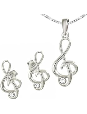 CLEVER SCHMUCK-SET Silberne Ohrstecker Mini Notenschlüssel mit Zirkonia weiß und passender Anhänger sowie Kette...