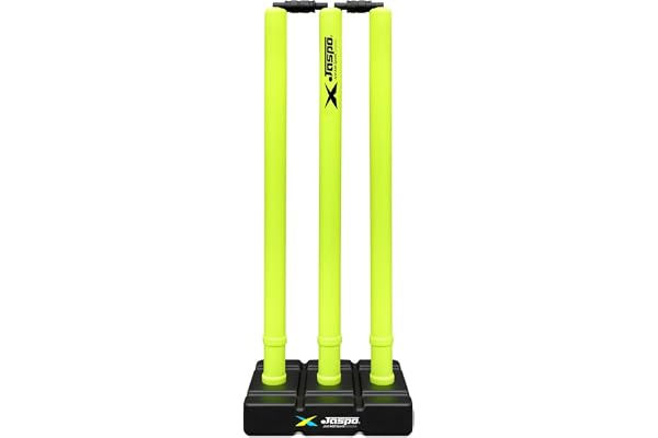 Jaspo PowerPlay Plastic Wicket Set with Stand & Bails Standard Size Cricket Kit for All Ages Practice, Match & Box Cricket Equipment Tournament Quality Stumps (Color-Neon Yellow)