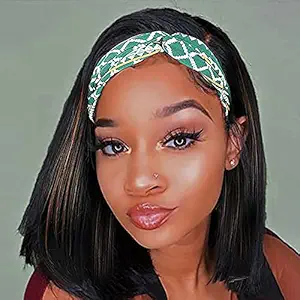 Headband Wig Straight Hair Short Highlight Bob Headband Wigs for Black Women Glueless Wigs with Headband Attached No Lace Synthetic Headband Wig for Daily Cosplay Party Use(10